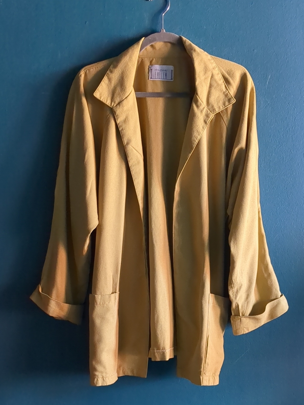 100% Raw Silk Vintage Emblem Open-Front Yellow Blazer Jacket